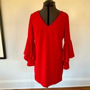 Red V-Neck Dress with Flared Sleeves